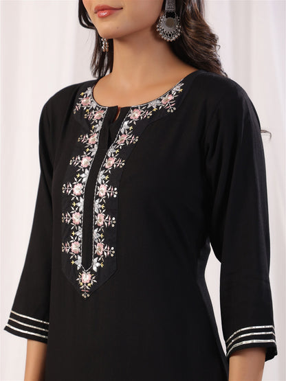 Black Embordered Rayon Kurta Set with Dupatta