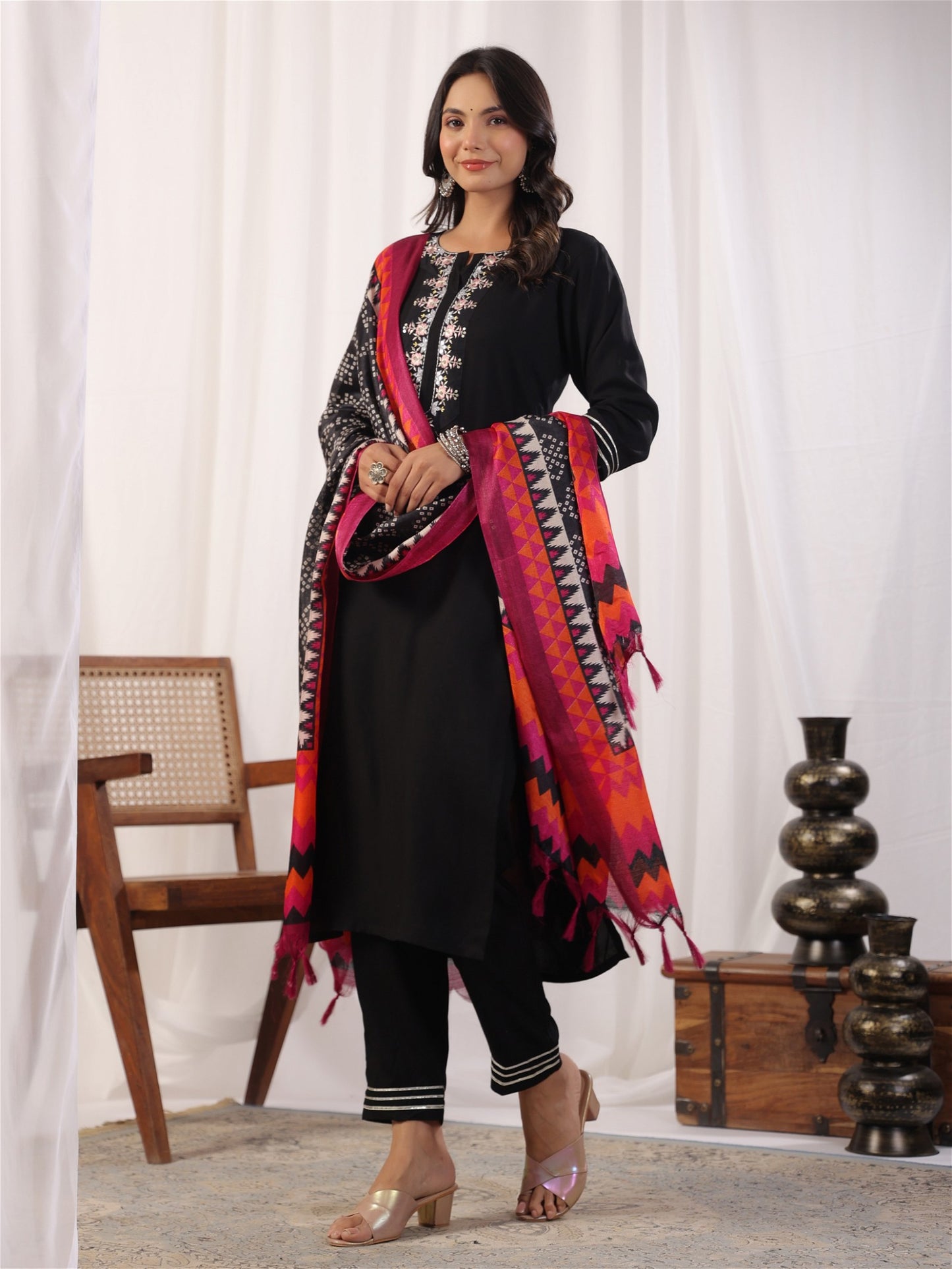 Black Embordered Rayon Kurta Set with Dupatta