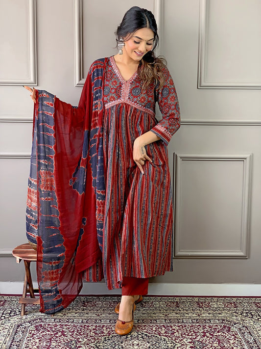 Embroidered Pure Cotton Kurta Set with Bottom and Dupatta