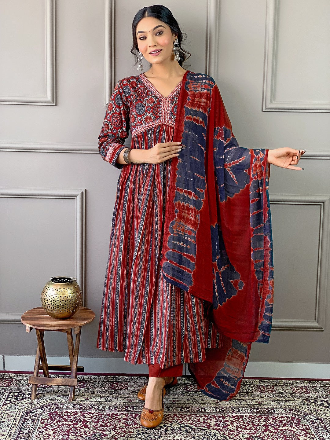 Embroidered Pure Cotton Kurta Set with Bottom and Dupatta