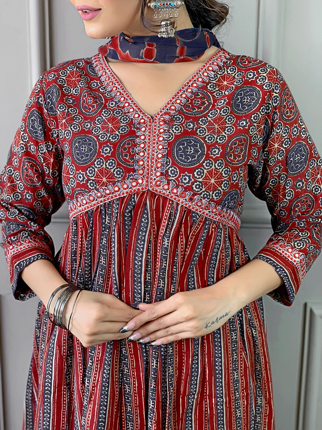 Embroidered Pure Cotton Kurta Set with Bottom and Dupatta