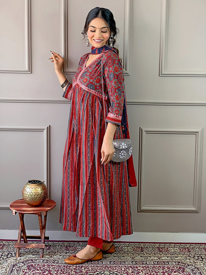 Embroidered Pure Cotton Kurta Set with Bottom and Dupatta