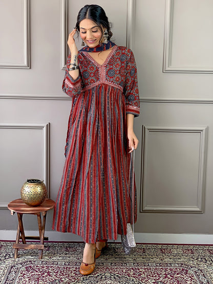 Embroidered Pure Cotton Kurta Set with Bottom and Dupatta