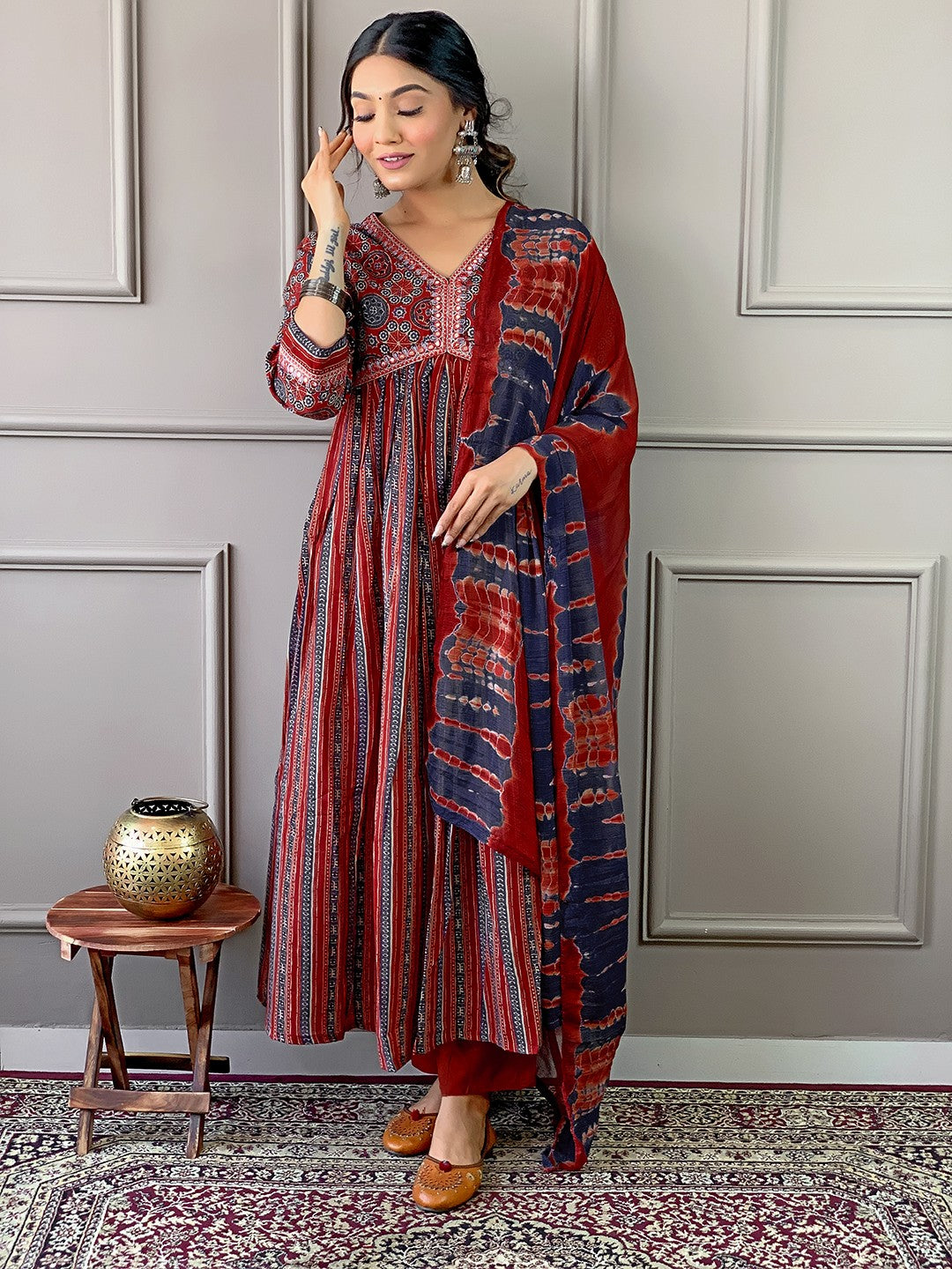 Embroidered Pure Cotton Kurta Set with Bottom and Dupatta