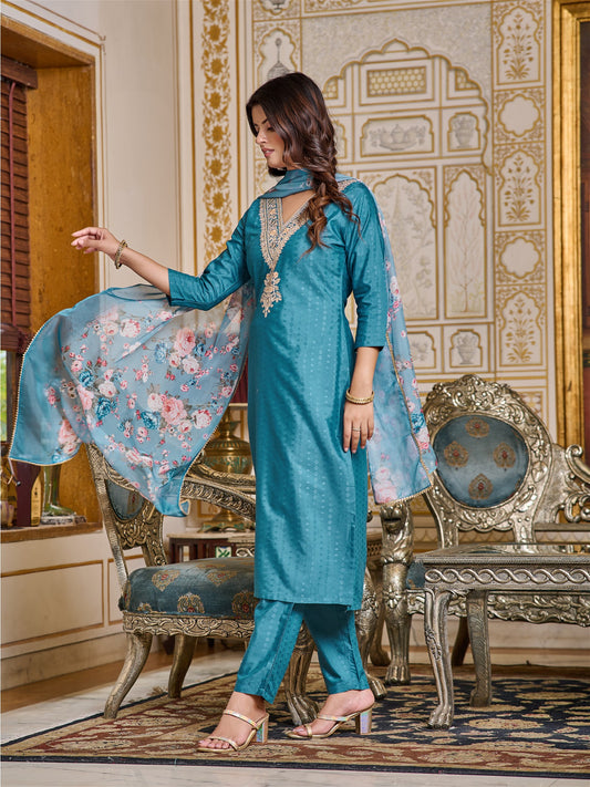 Women Embroidered Chanderi Kurta Set with Dupatta