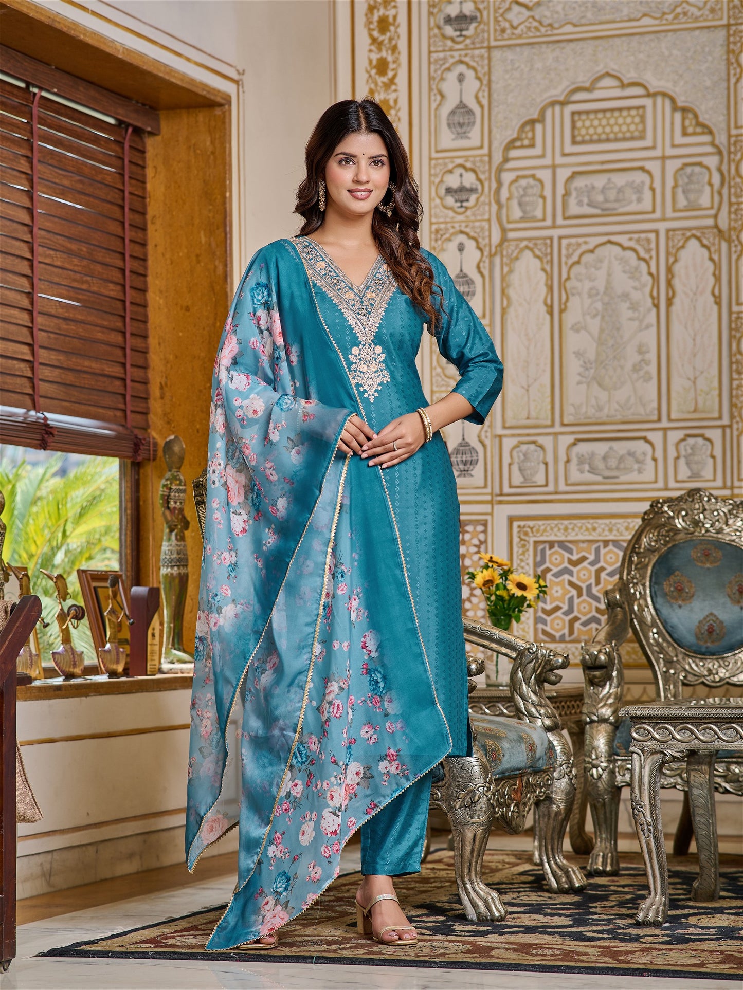 Women Embroidered Chanderi Kurta Set with Dupatta