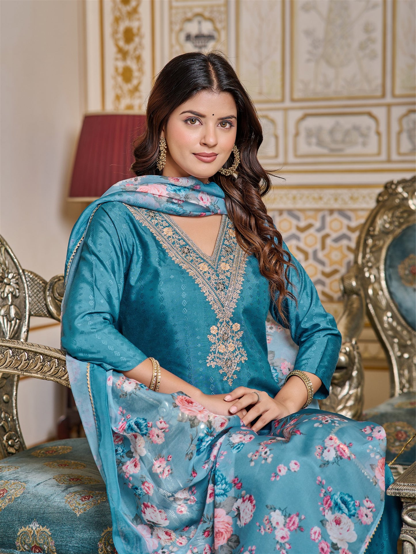 Women Embroidered Chanderi Kurta Set with Dupatta