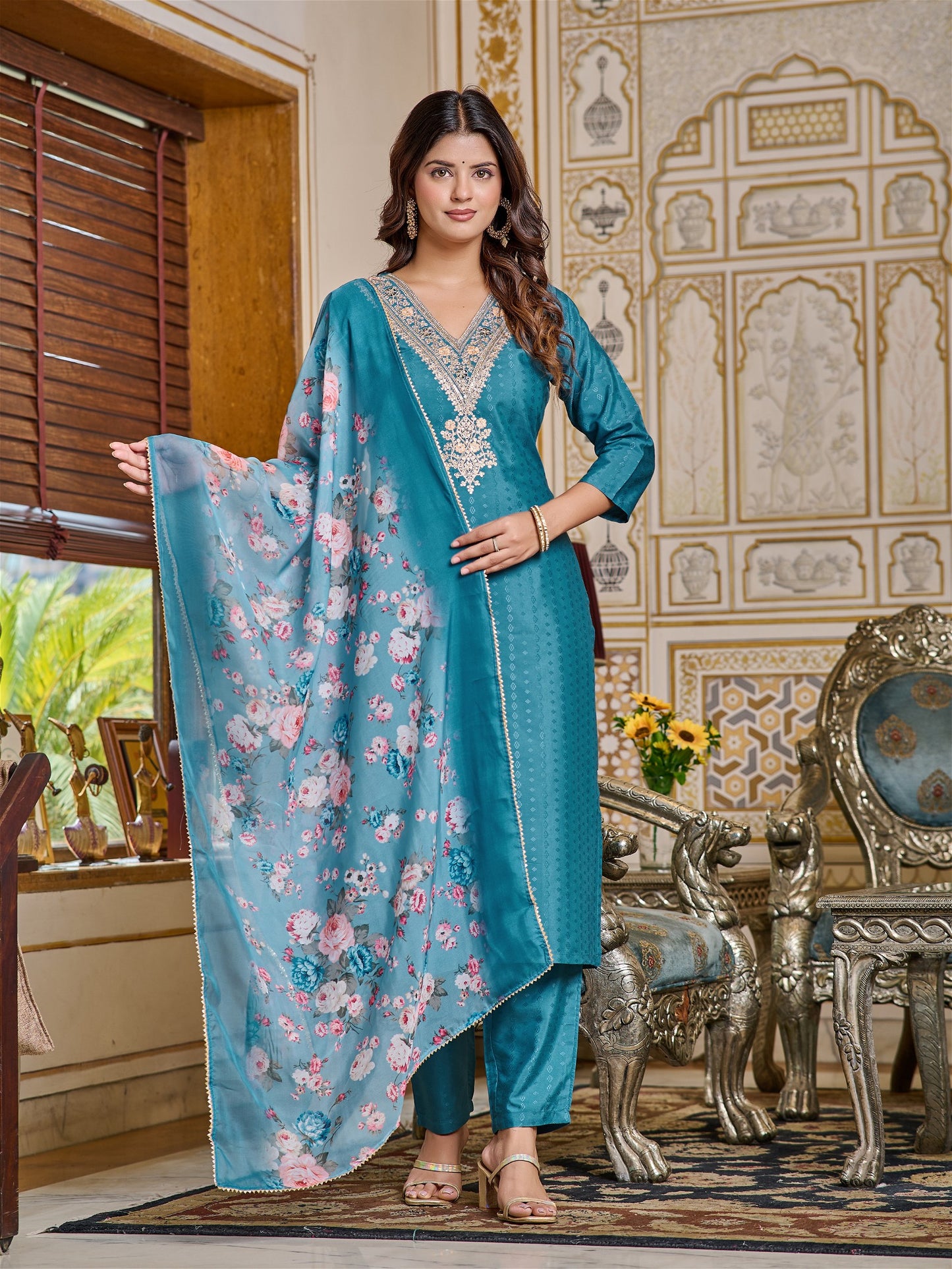 Women Embroidered Chanderi Kurta Set with Dupatta