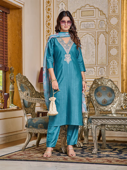 Women Embroidered Chanderi Kurta Set with Dupatta