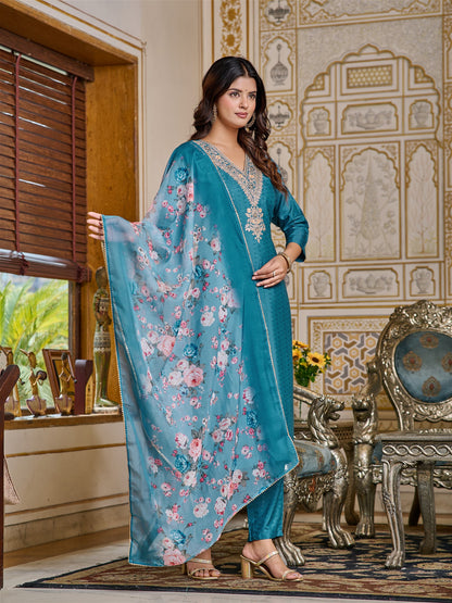 Women Embroidered Chanderi Kurta Set with Dupatta