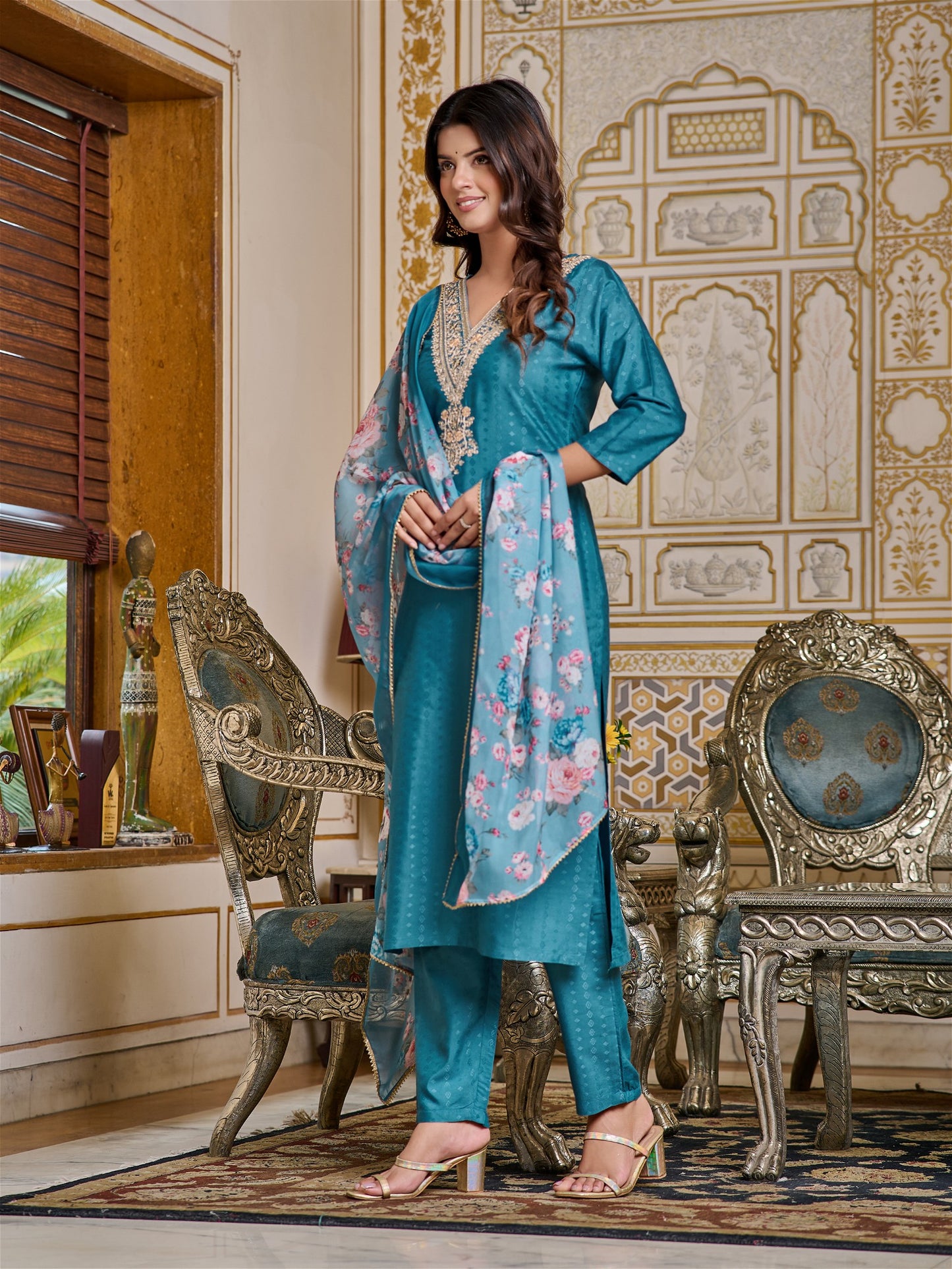 Women Embroidered Chanderi Kurta Set with Dupatta