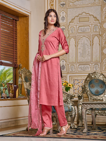 Women Embroidered Chanderi Kurta Set with Dupatta