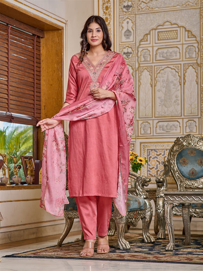 Women Embroidered Chanderi Kurta Set with Dupatta