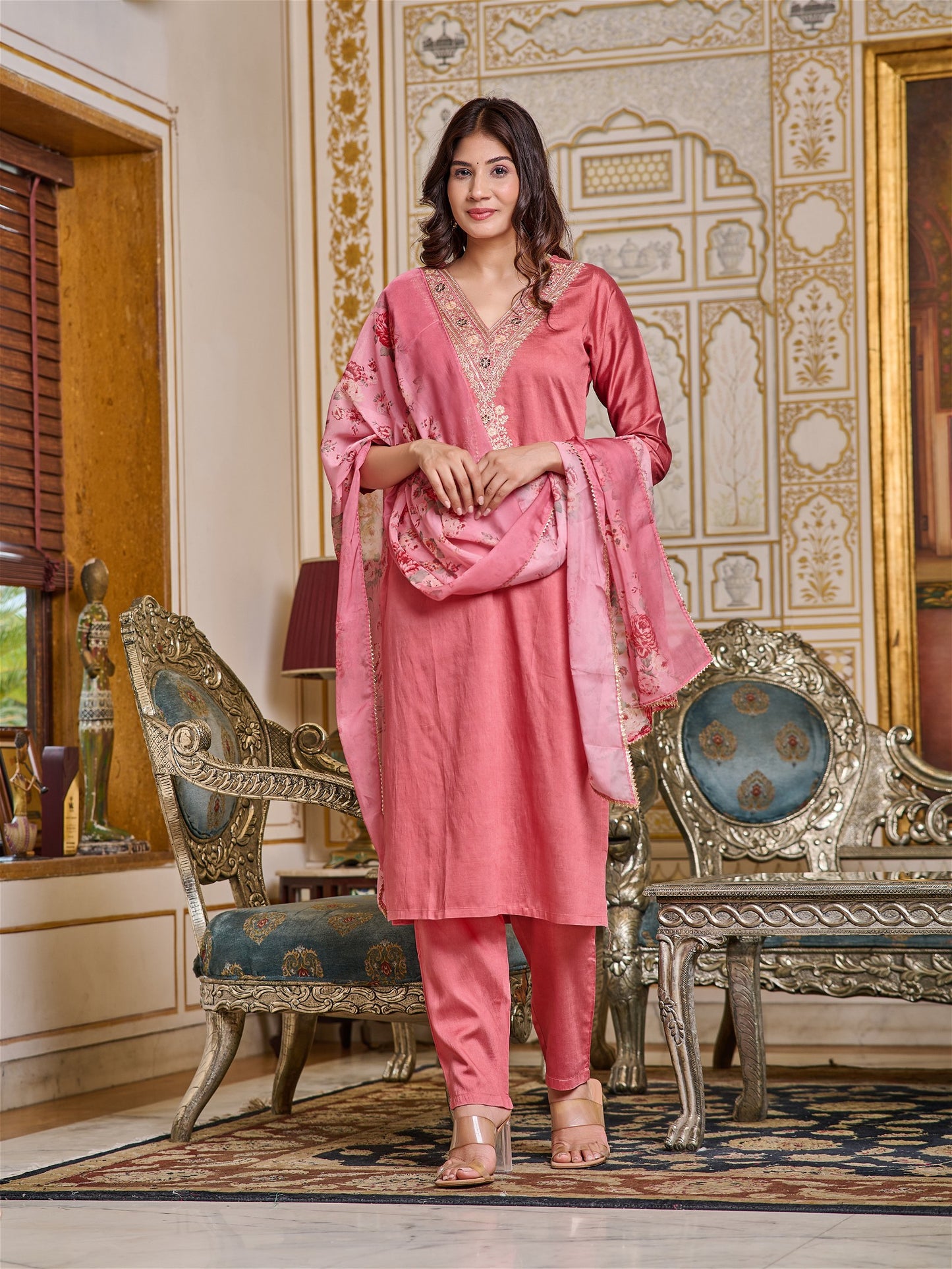 Women Embroidered Chanderi Kurta Set with Dupatta