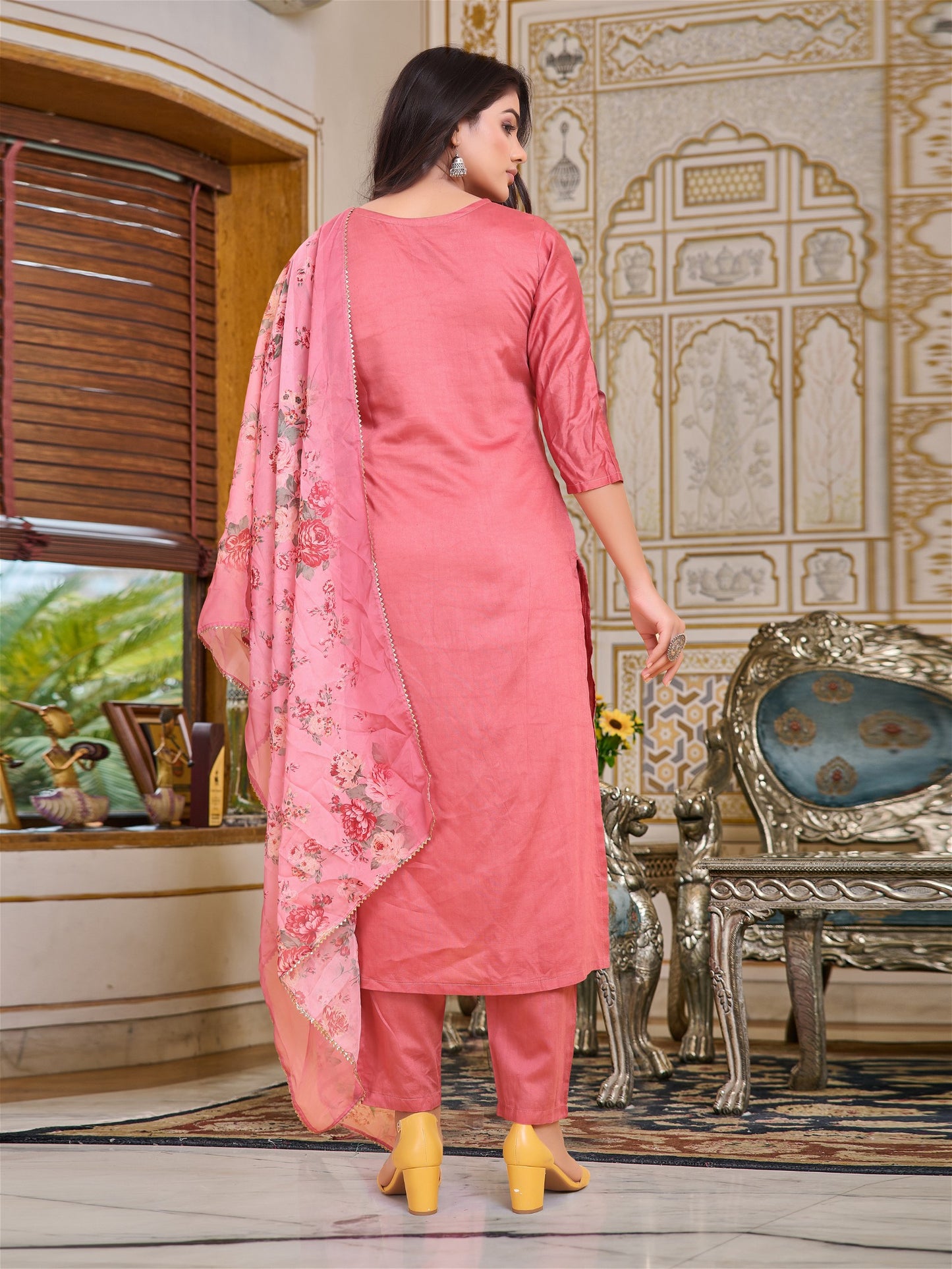 Women Embroidered Chanderi Kurta Set with Dupatta