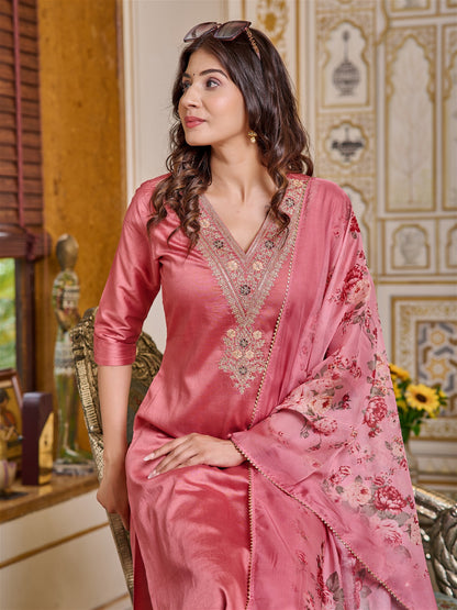 Women Embroidered Chanderi Kurta Set with Dupatta