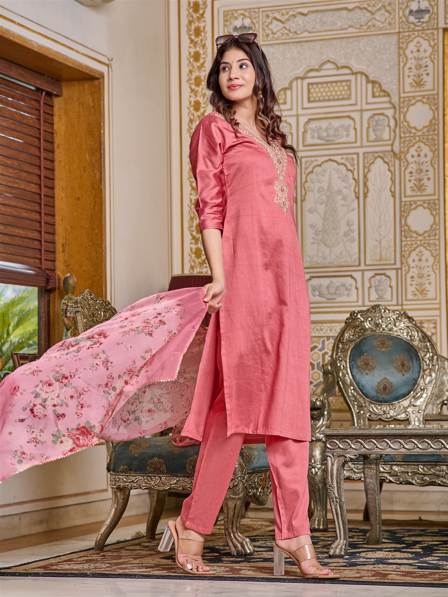 Women Embroidered Chanderi Kurta Set with Dupatta