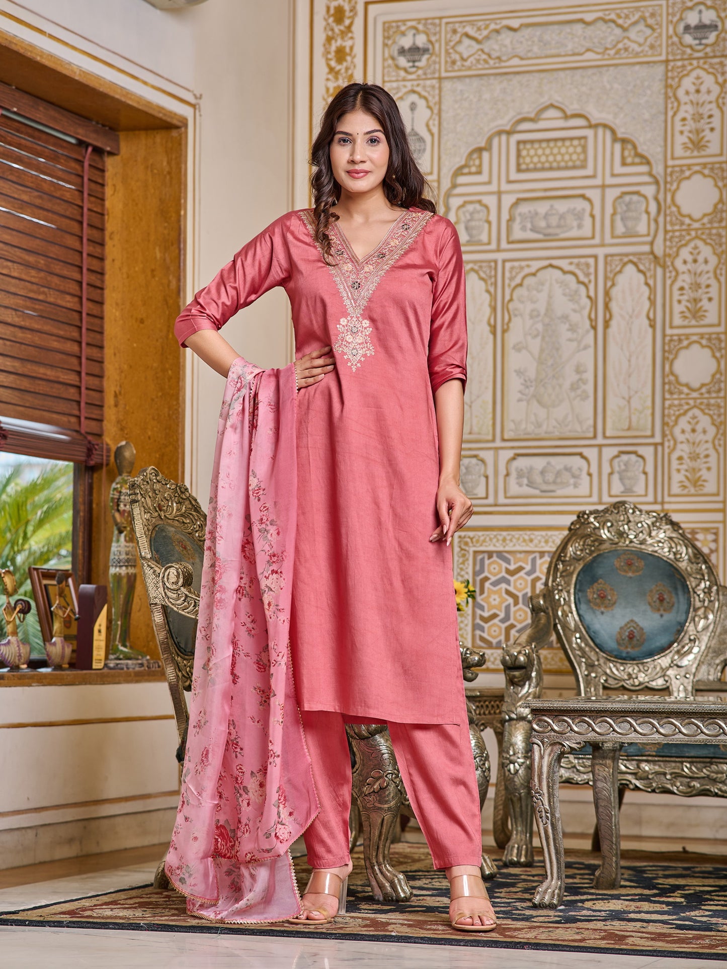 Women Embroidered Chanderi Kurta Set with Dupatta