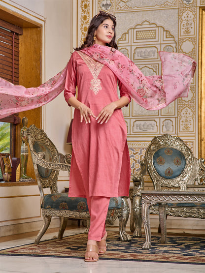 Women Embroidered Chanderi Kurta Set with Dupatta