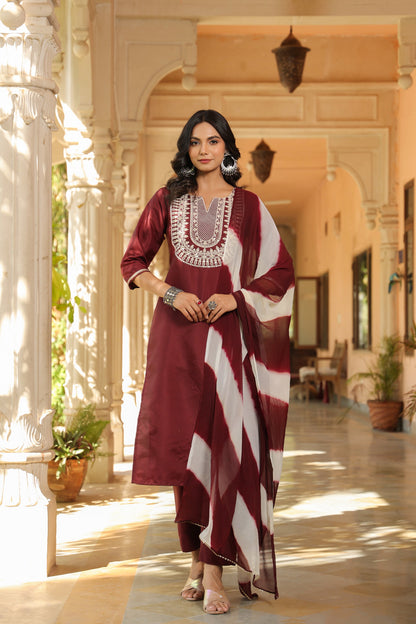 Maroon Embroidered Kurta Set with Dupatta