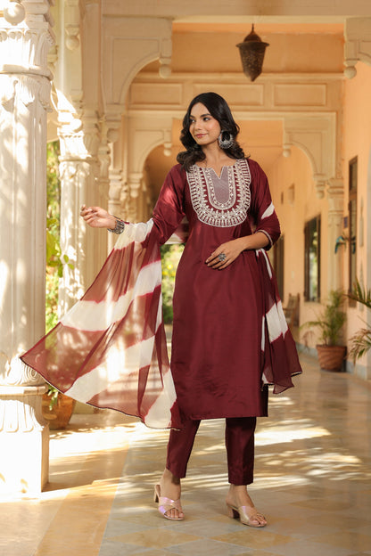 Maroon Embroidered Kurta Set with Dupatta