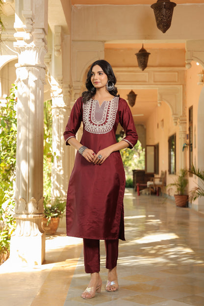 Maroon Embroidered Kurta Set with Dupatta