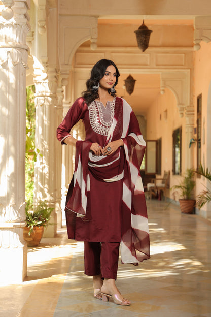 Maroon Embroidered Kurta Set with Dupatta