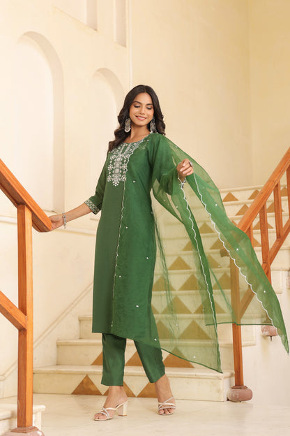 Green Embroidered Kurta Set with Dupatta