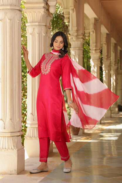 Fuchsia Pink Embroidered Designer Kurta Set with Dupatta