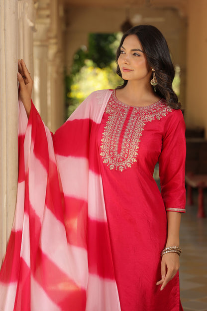 Fuchsia Pink Embroidered Designer Kurta Set with Dupatta