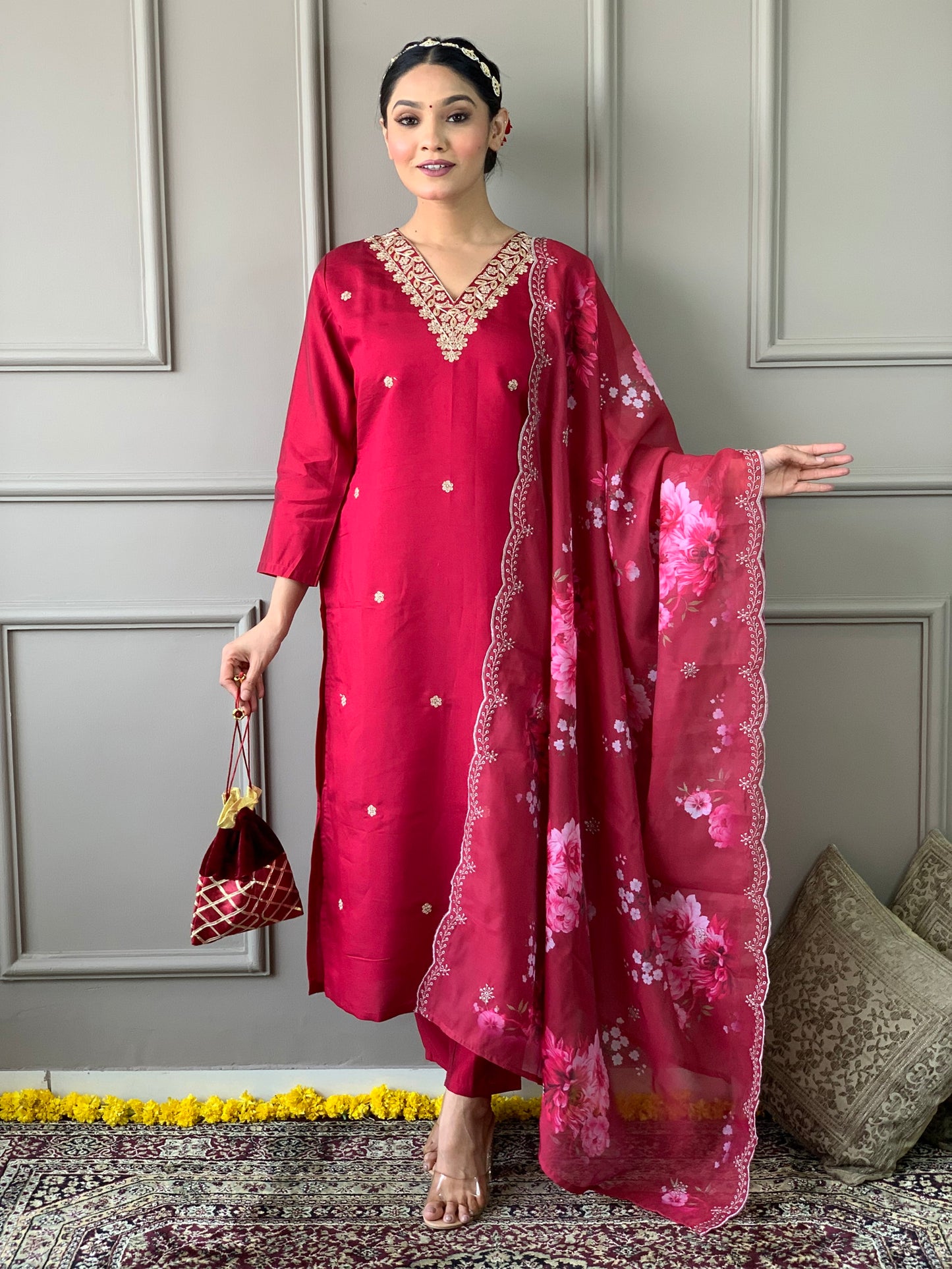 Beautiful Maroon Kurta Set with Cutwork Dupatta