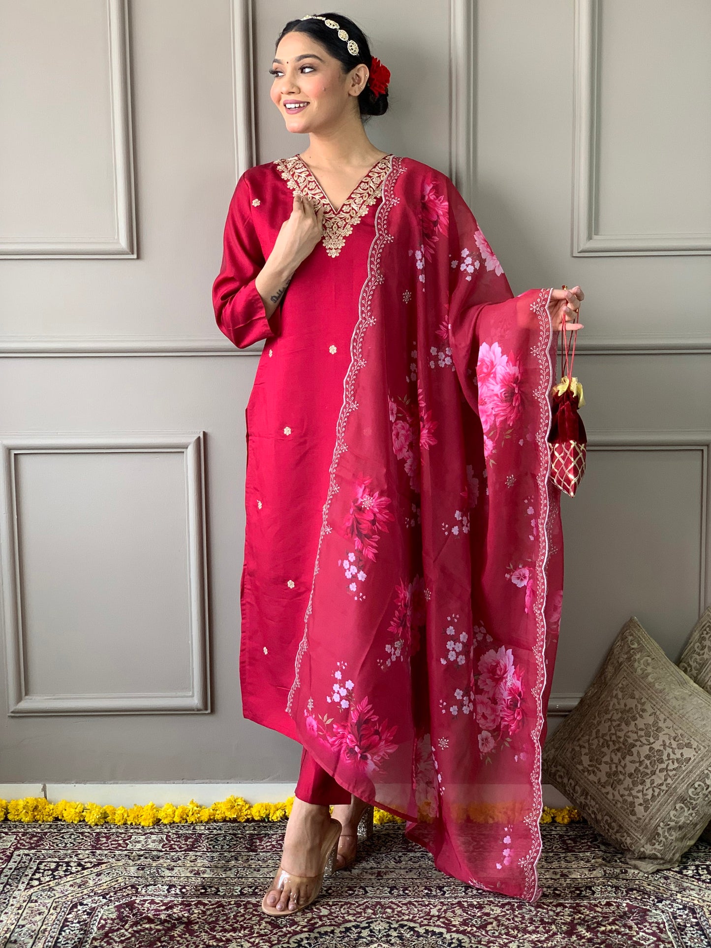 Beautiful Maroon Kurta Set with Cutwork Dupatta