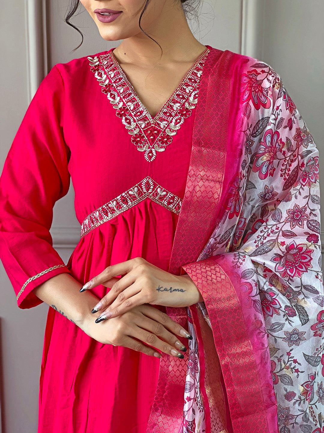 Pink Alia Pattern Kurta Set with Floral Dupatta