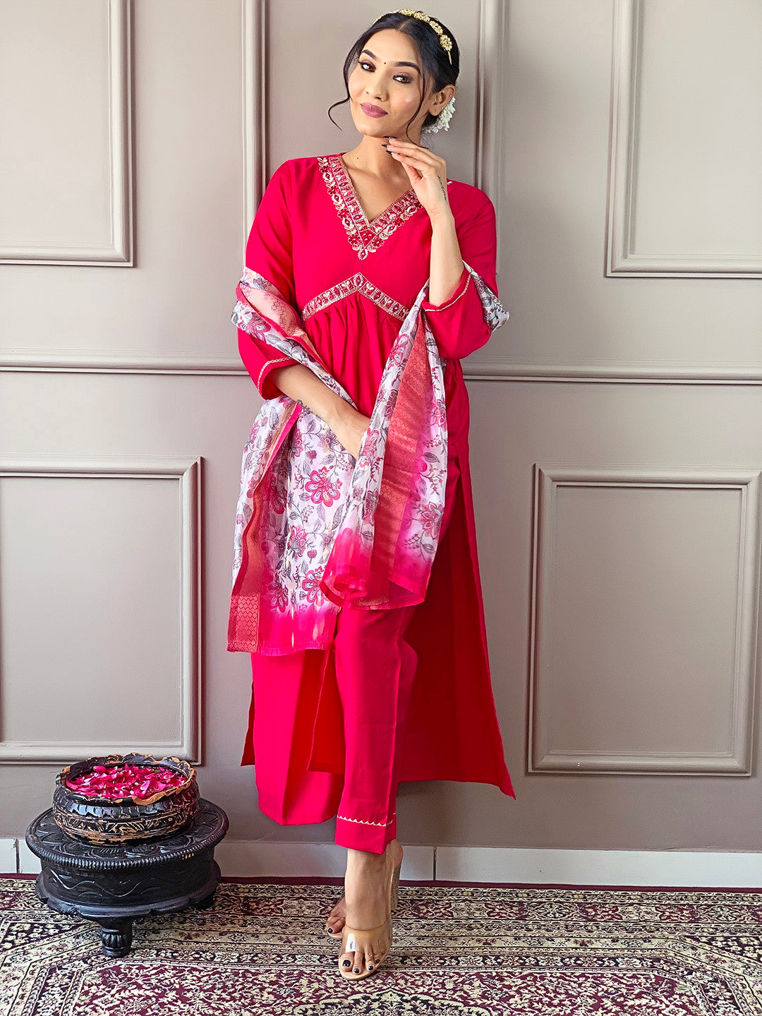 Pink Alia Pattern Kurta Set with Floral Dupatta