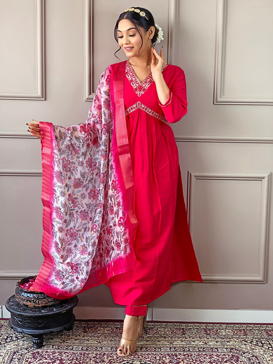 Pink Alia Pattern Kurta Set with Floral Dupatta