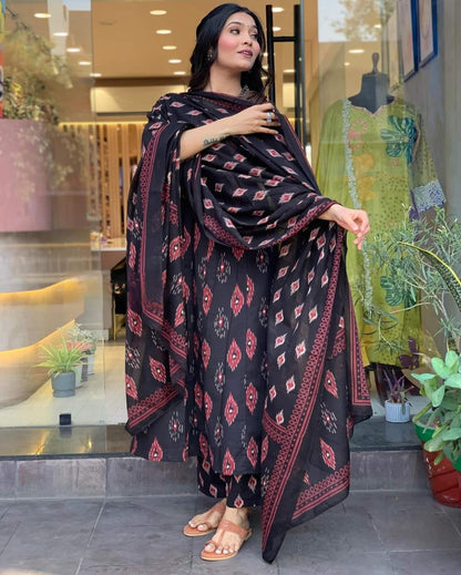 Black Cotton Flared Kurta Set with Dupatta