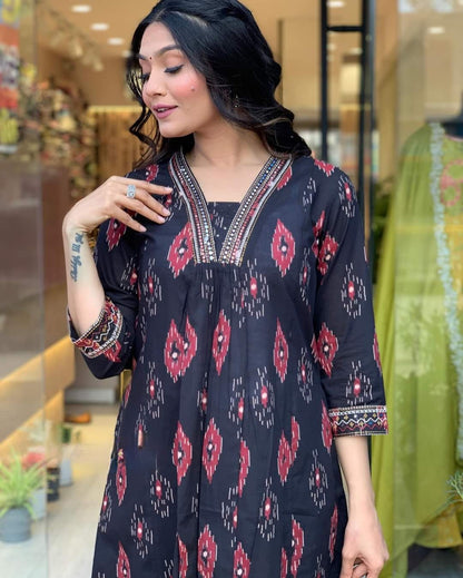 Black Cotton Flared Kurta Set with Dupatta