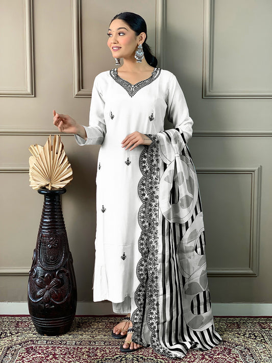 Off-White Embroidered Straight Kurta Set