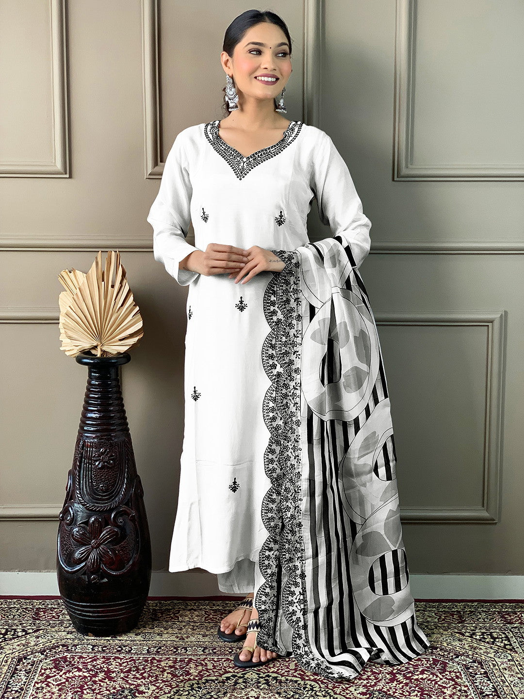 Off-White Embroidered Straight Kurta Set