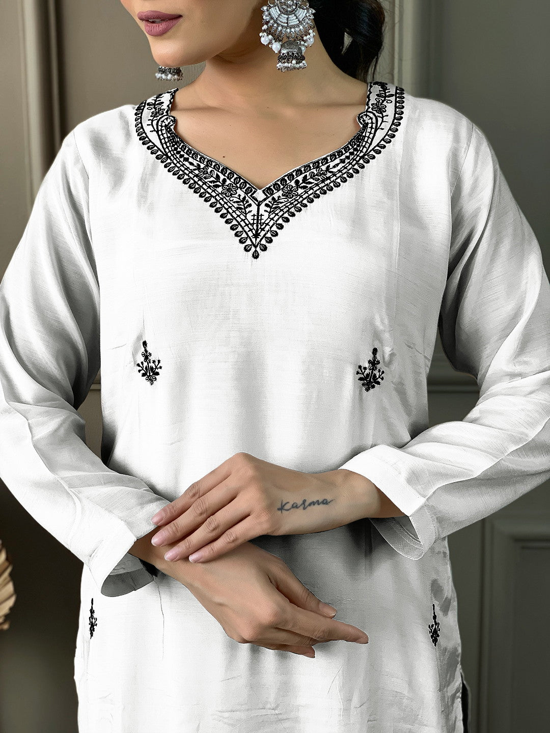 Off-White Embroidered Straight Kurta Set