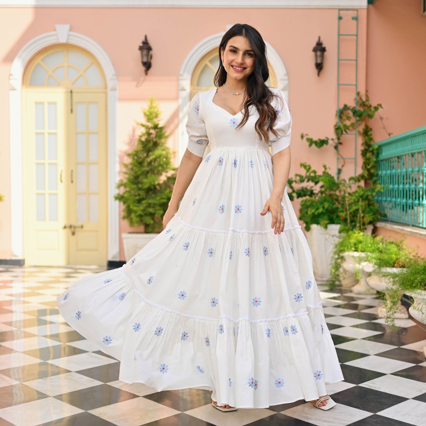 Women Embroidered Flared White Gown