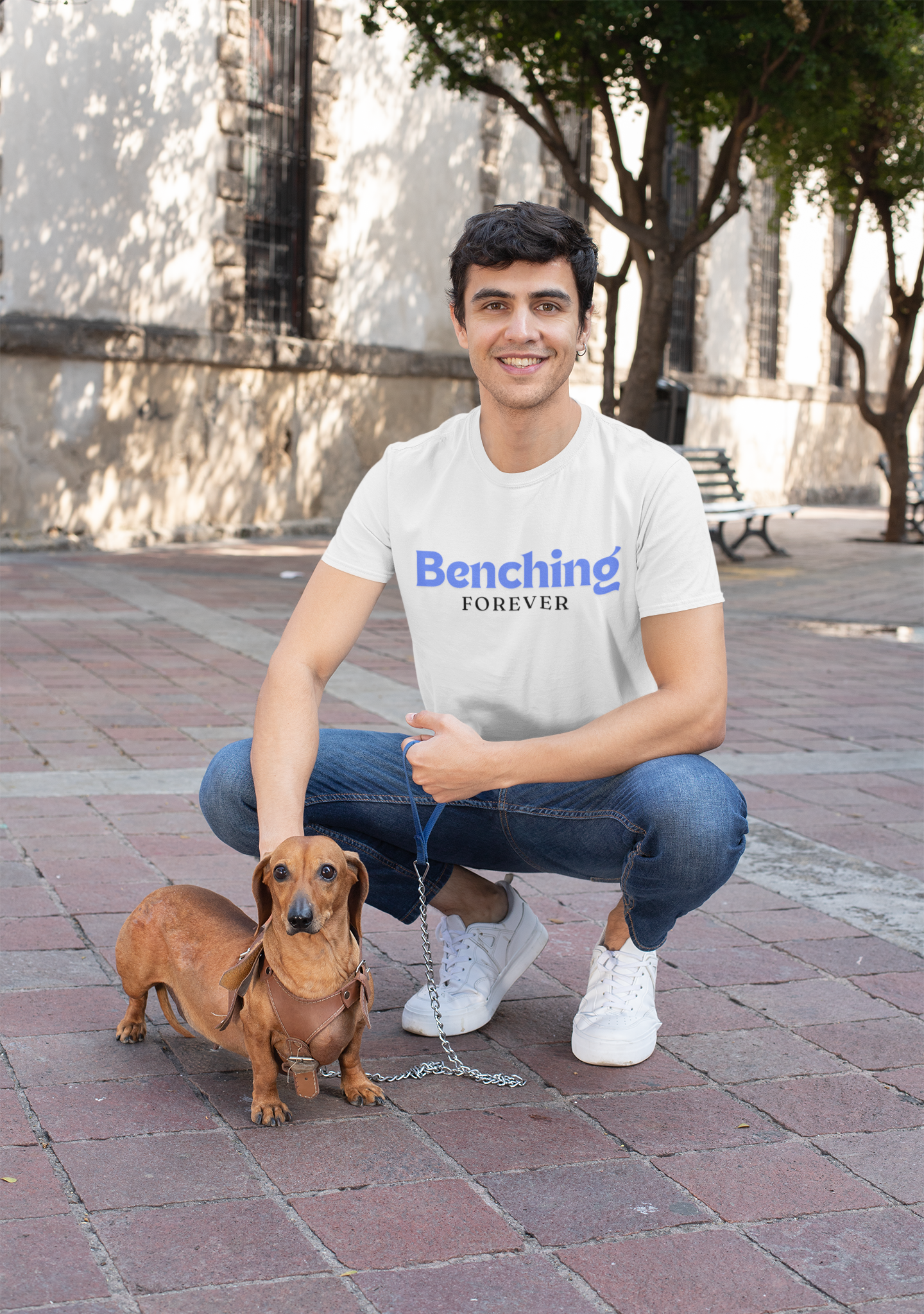 Men Round Neck White T-Shirt Benching Forever