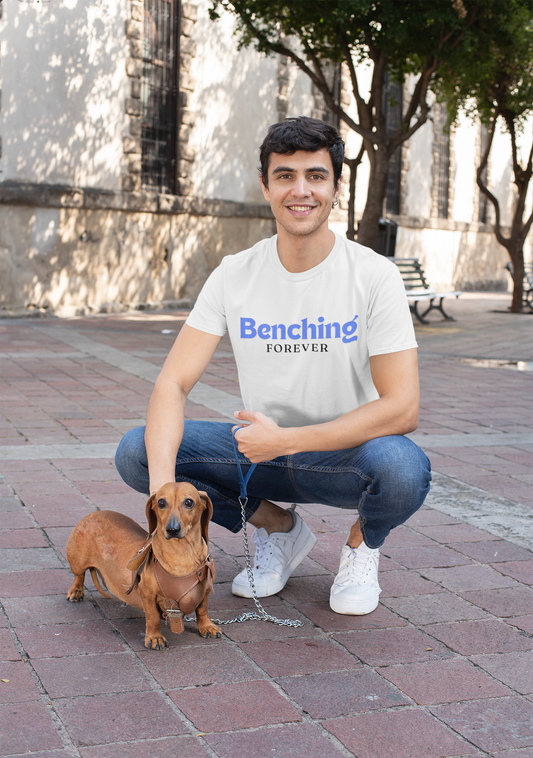 Men Round Neck White T-Shirt Benching Forever