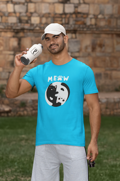 Men Round Neck Blue T Shirt Meow BW