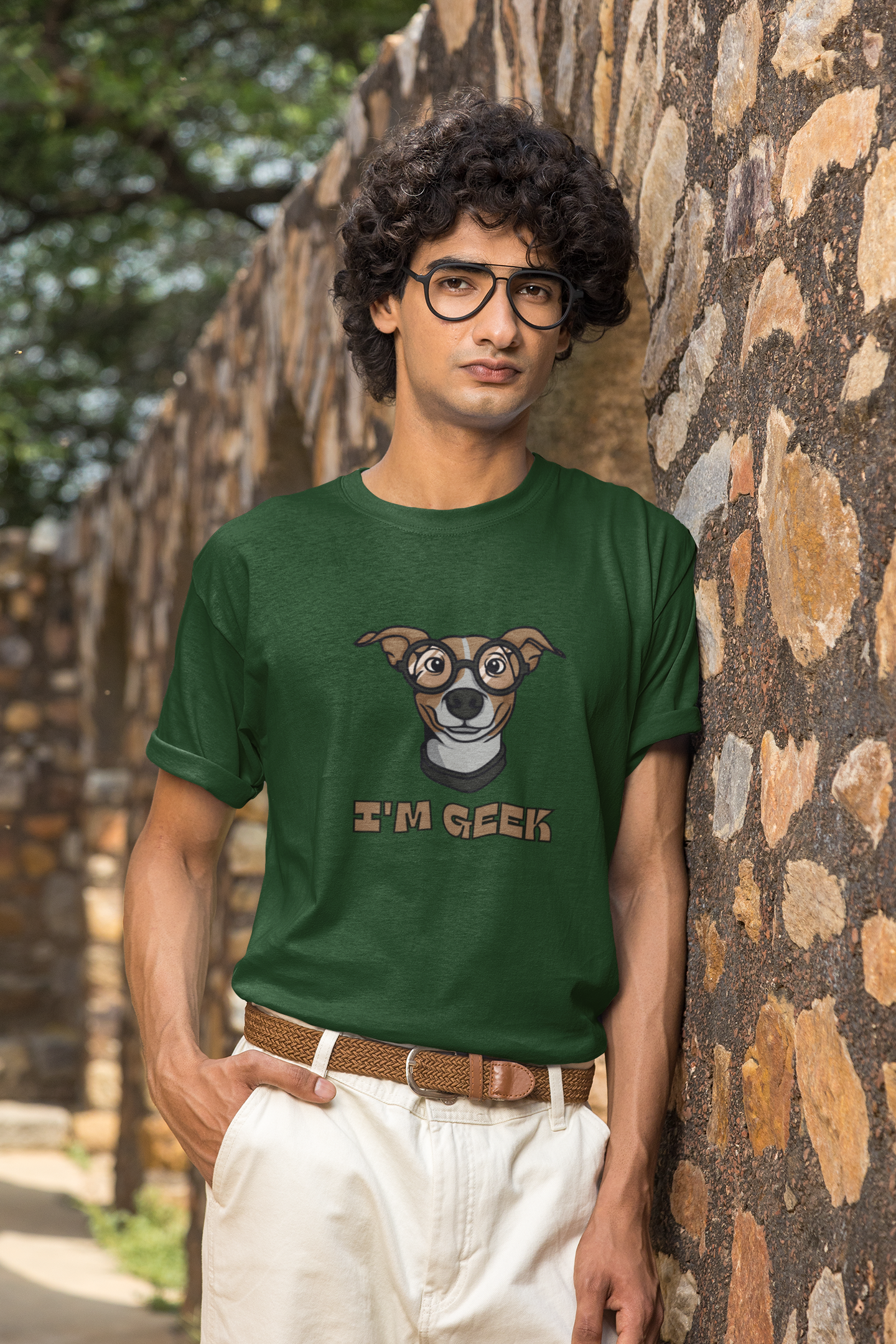 Men Round Neck Olive Green T-Shirt I'm Geek