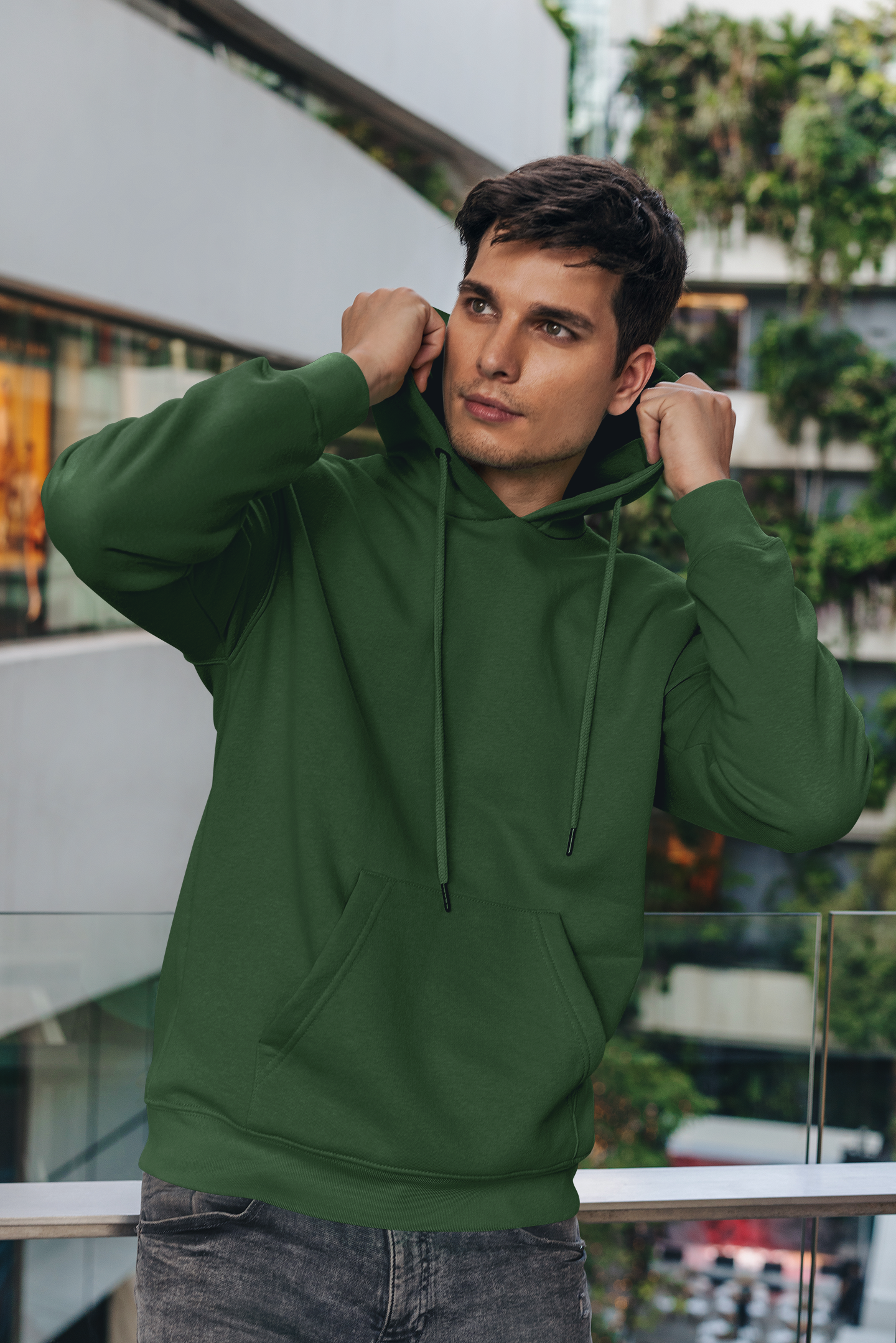 Men Olive Green Solid Hoodie