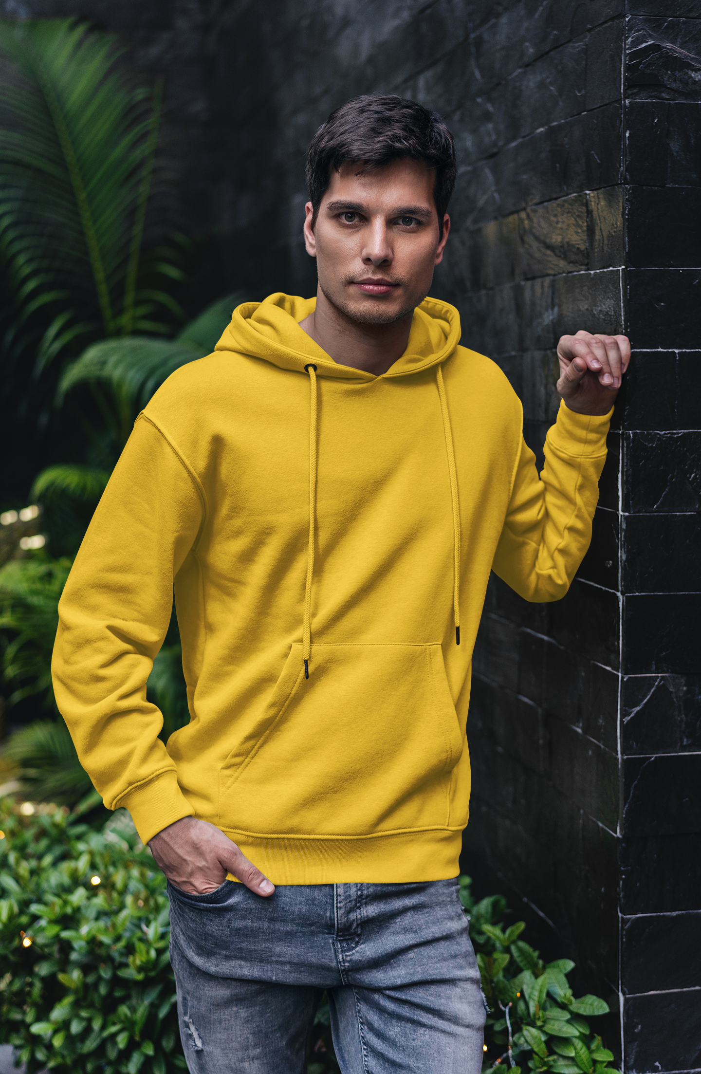 Men Yellow Solid Hoodie