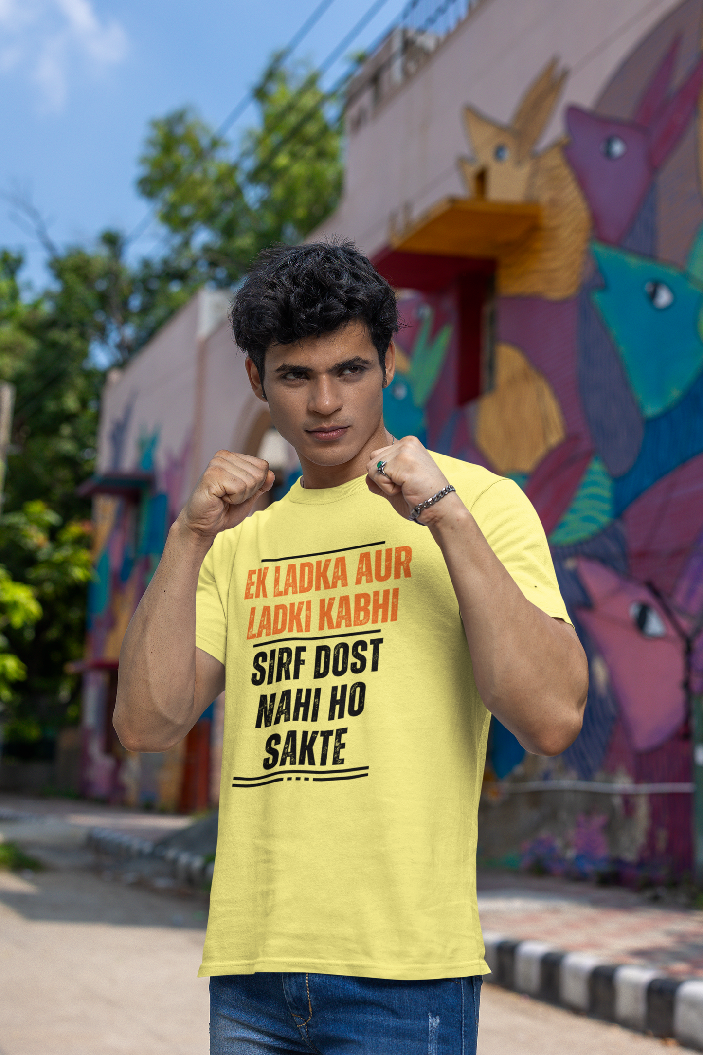 Men Round Neck Yellow T Shirt Ek Ladka Aur Ladki Kabhi