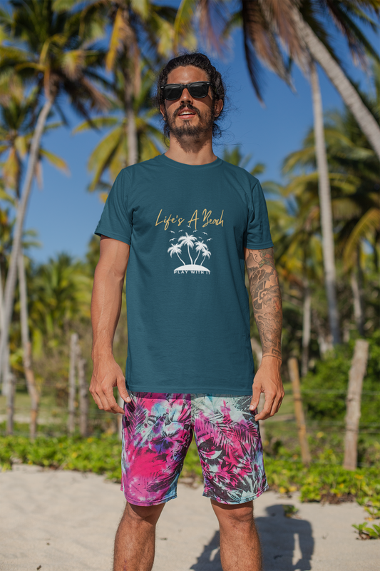 Men Round Neck Navy Blue T-Shirt Life's A Beach