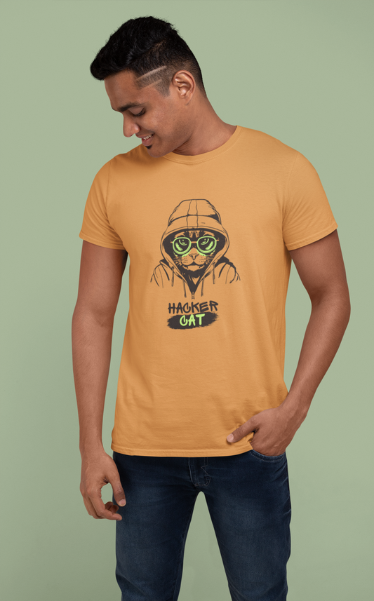 Men Round Neck Mustard Yellow T-Shirt Hacker Cat